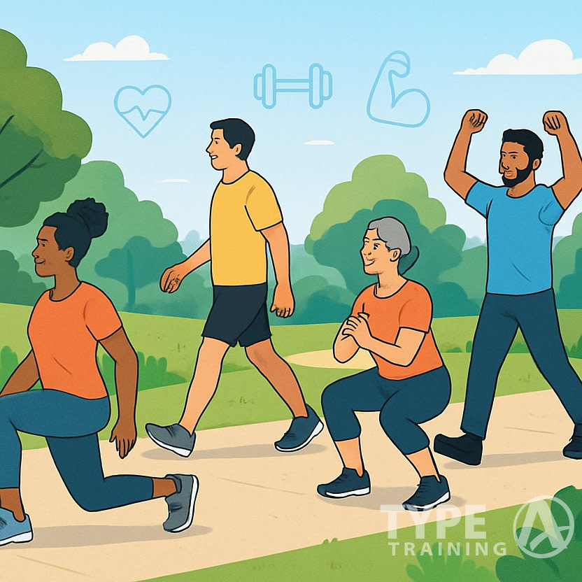 People exercising outdoors on a walking path, performing strength exercises like lunges and squats surrounded by trees and greenery.