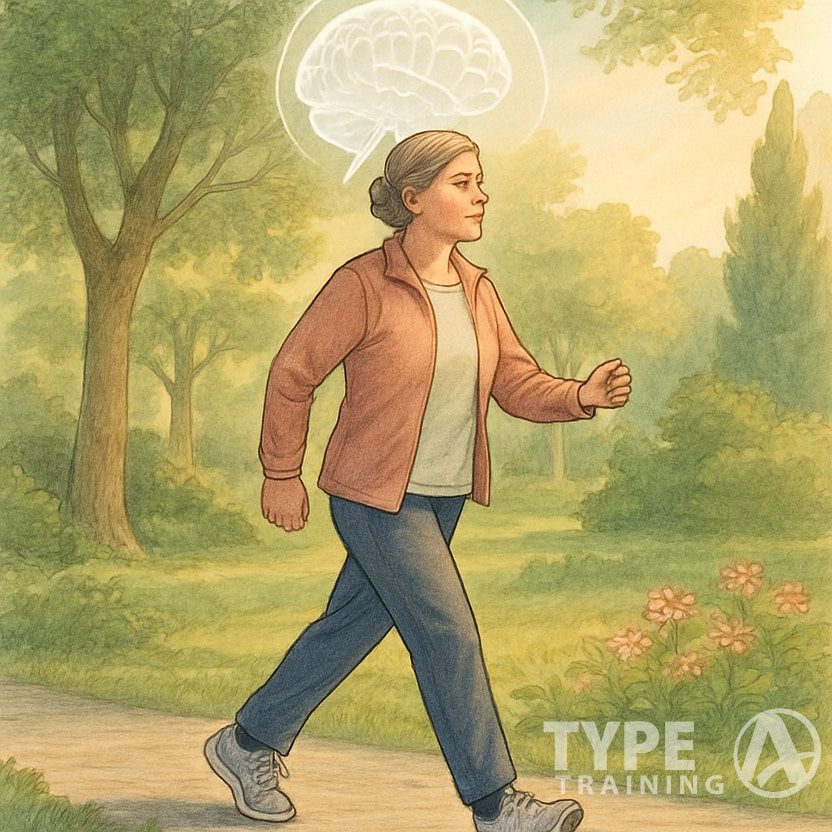 A person walking on a path in a park with trees and flowers, with a glowing outline of a brain above their head.