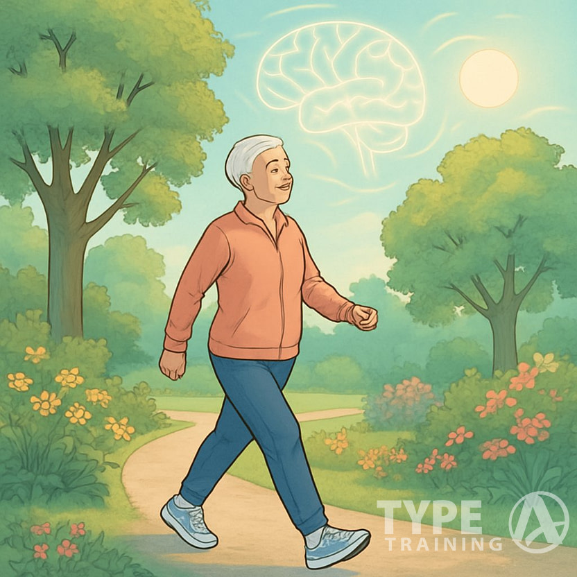 An older adult walking in a green park with trees and flowers, symbolizing health and mental well-being.