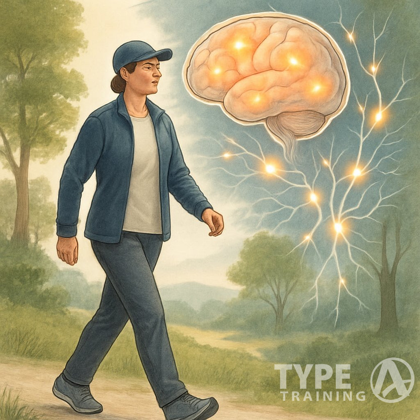 A person walking outdoors on a nature path with a transparent illustration of a brain and glowing neural connections above them.