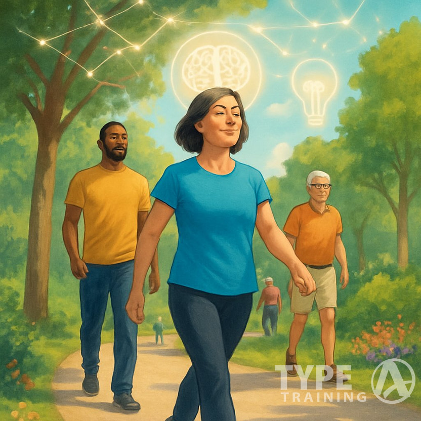 People walking along a sunny park path surrounded by trees and plants, with glowing brain-related symbols subtly integrated into the scene.