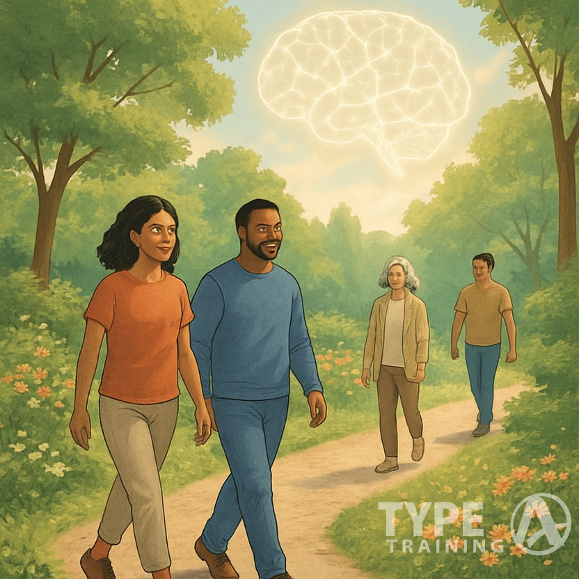 People walking peacefully on a park path surrounded by trees and flowers, with glowing brain-like patterns subtly integrated into the background.