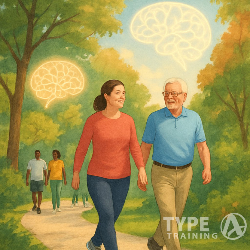 People walking along a park path surrounded by trees and greenery, with subtle glowing shapes symbolizing brain health in the background.