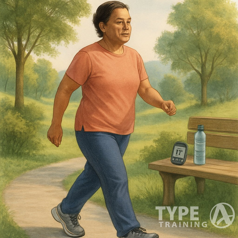 A person walking on a park path surrounded by trees and sunlight, with a glucose monitor and water bottle nearby.