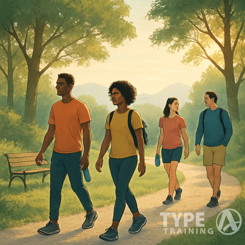 A group of people walking outdoors in a peaceful park surrounded by trees and hills, enjoying a calm and restorative walk.