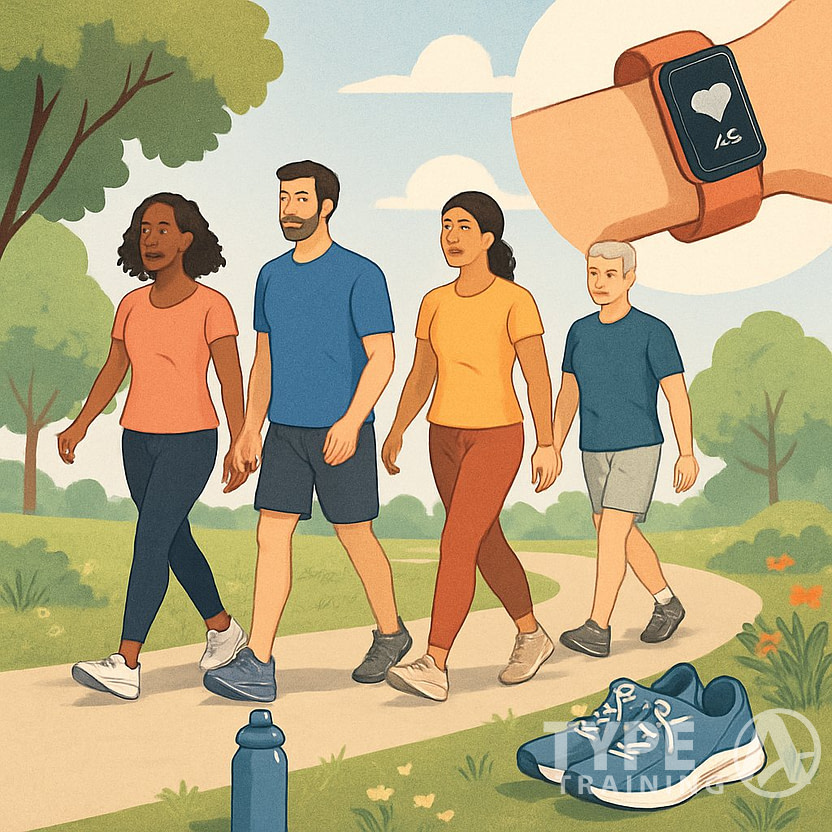 People walking outdoors in a park, enjoying light exercise and recovery as part of their training routine.