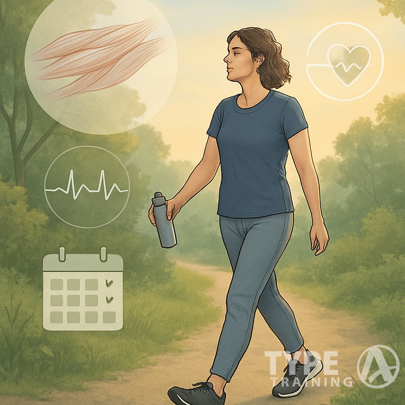 A person walking on a nature trail surrounded by trees and sunlight, wearing athletic clothes and walking shoes, symbolizing recovery and active rest in training.