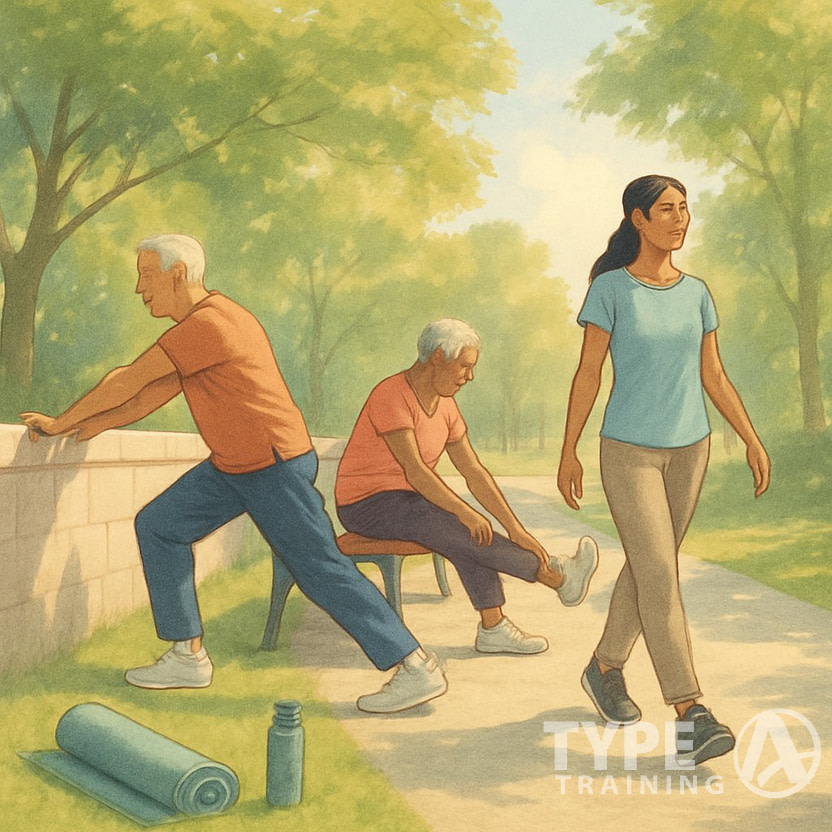 People stretching and walking gently in a sunny park surrounded by trees, with exercise equipment nearby.