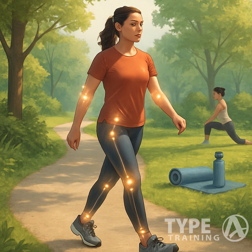 A person walking on a park path surrounded by greenery, with subtle highlights around their joints indicating recovery and injury prevention.