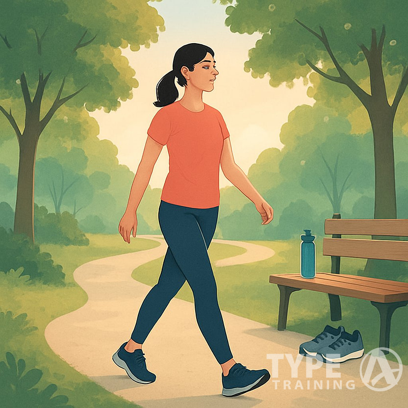 A person walking leisurely on a park path surrounded by trees, with running shoes and a water bottle nearby.