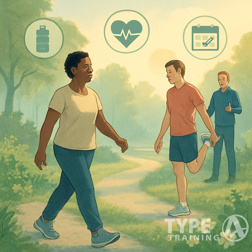 People walking and stretching gently in a park with a trainer nearby, surrounded by greenery and sunlight.