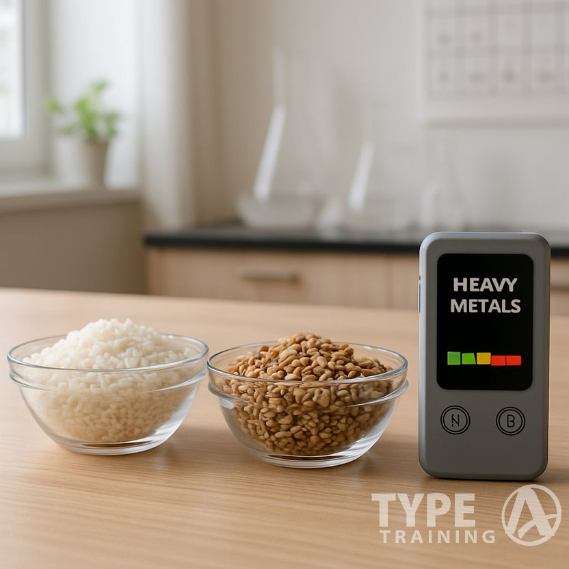 Two bowls on a kitchen table, one with white rice and the other with ancient grains, alongside a digital testing device indicating contamination levels.