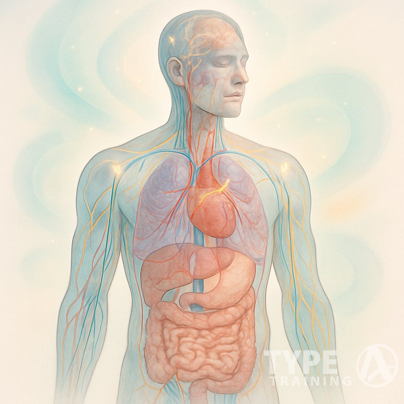 A detailed illustration of a human body showing internal systems like the heart, lungs, nerves, and digestive organs connected with glowing lines, highlighting how these systems relate to the body's surface.