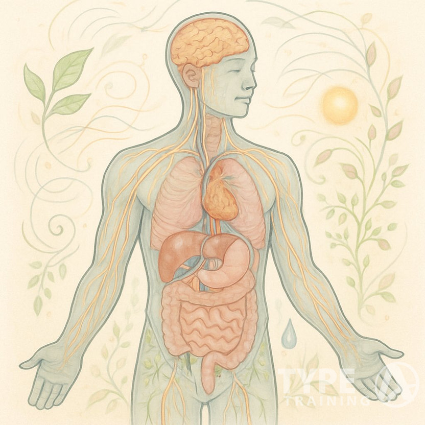 A human figure with translucent skin showing internal body systems surrounded by flowing lines and natural elements symbolizing healing and interconnectedness.
