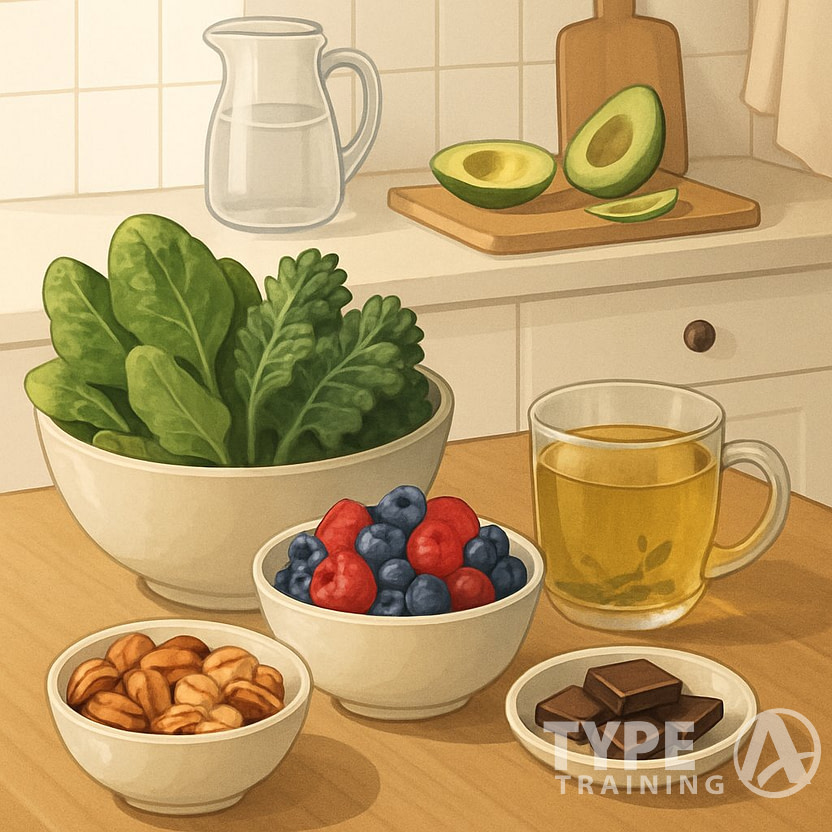A kitchen table with fresh leafy greens, berries, nuts, herbal tea, and dark chocolate arranged to represent foods that help reduce anxiety.