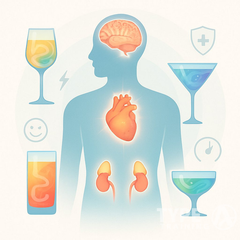 Illustration of a human figure with highlighted brain, heart, and adrenal glands surrounded by colorful cocktail glasses symbolizing cortisol and its health benefits.