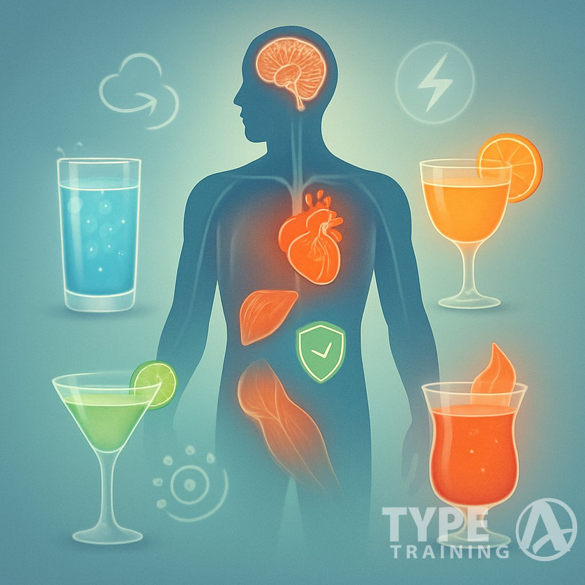 Illustration of a human figure surrounded by glowing cocktail glasses with highlighted areas showing benefits to the brain, heart, muscles, and immune system.