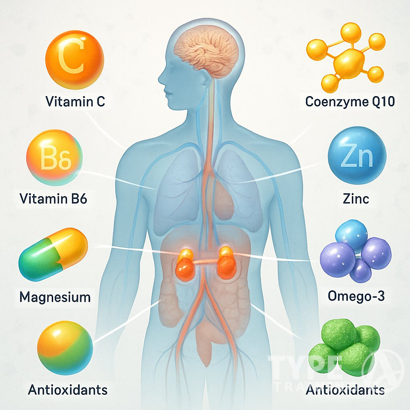 Illustration of a human body highlighting key nutrients linked to cortisol and their benefits to different body systems.