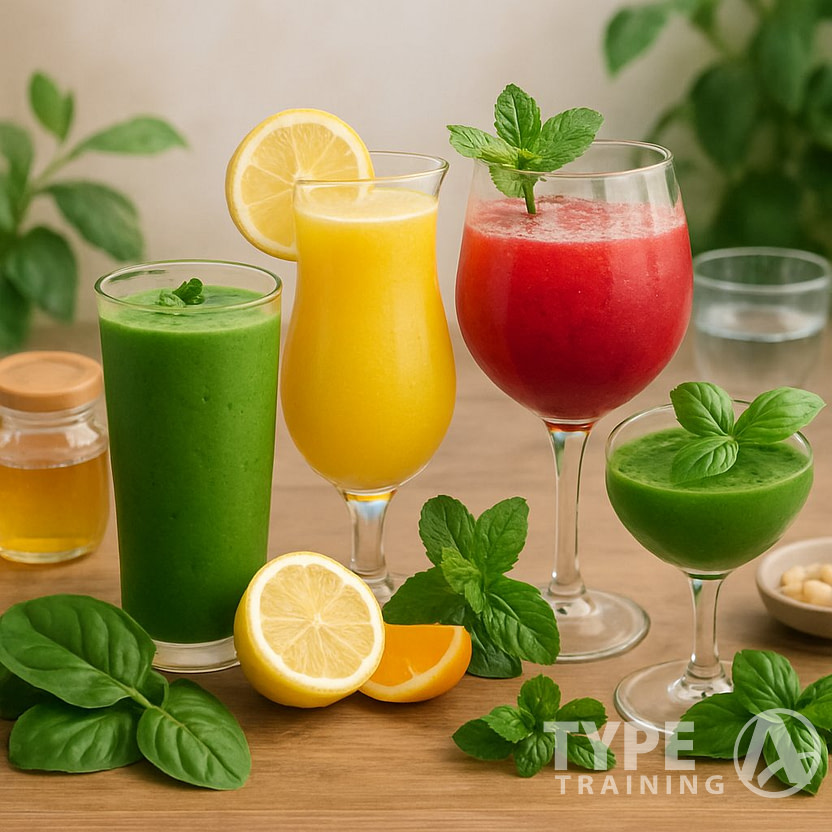 A table with several colorful healthy cocktails surrounded by fresh fruits, herbs, and natural ingredients representing wellness and body benefits.