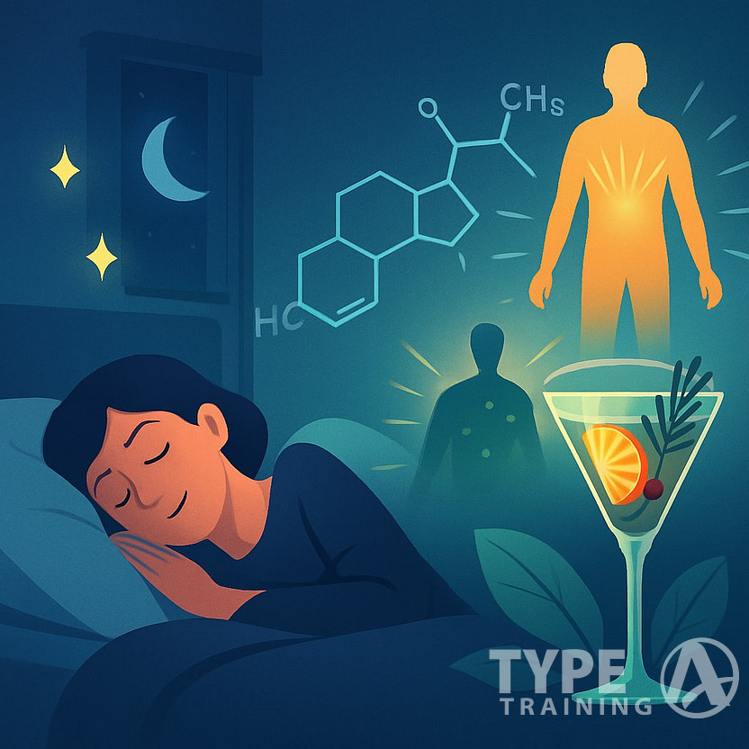 A person sleeping peacefully in a calm bedroom with visual elements representing stress hormones and natural ingredients promoting restful sleep and stress balance.