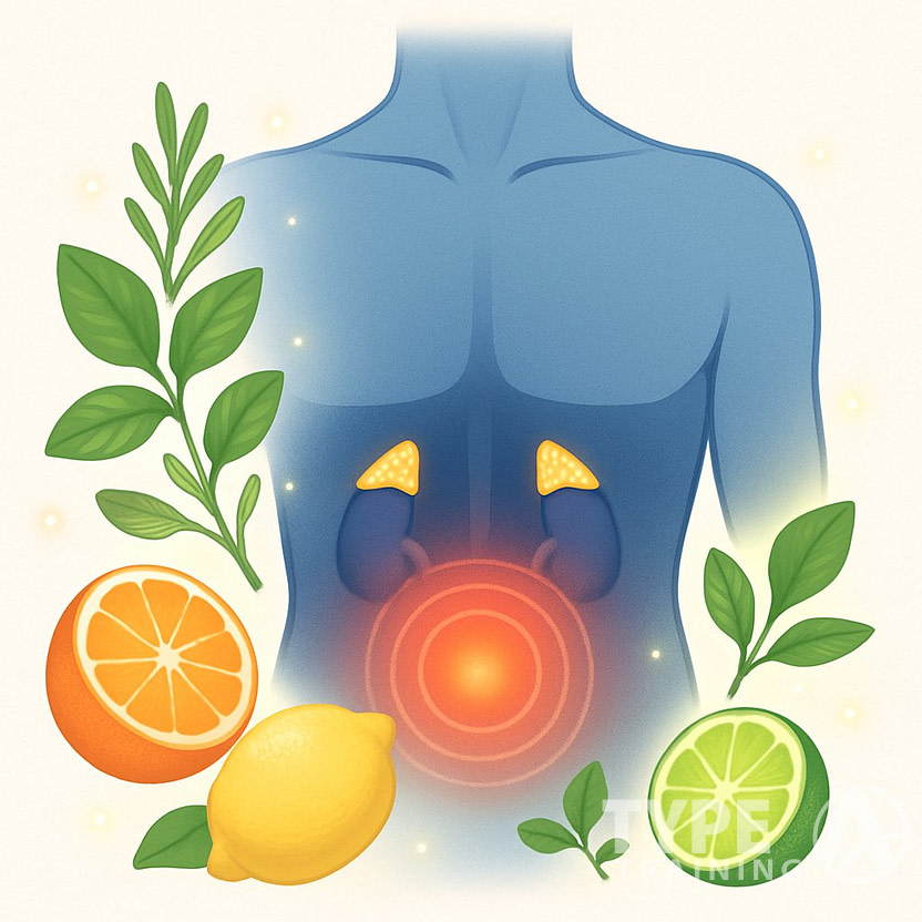 Illustration of a human torso with highlighted metabolism and hormone areas surrounded by natural ingredients like leaves and fruits, symbolizing support for metabolism and weight management.