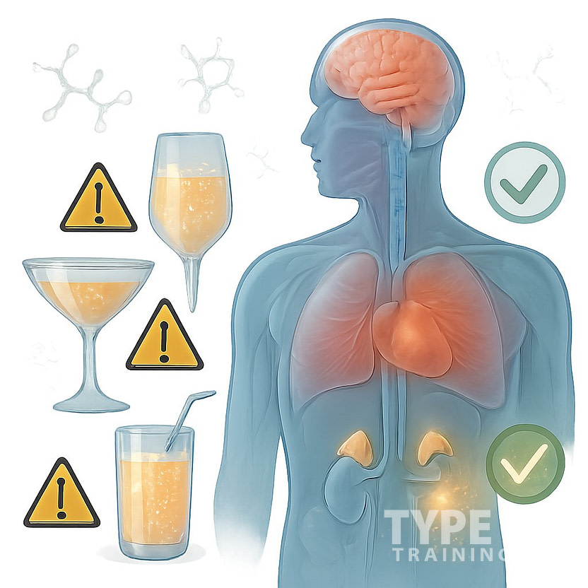 Illustration of a human torso showing adrenal glands with glowing cocktail glasses around it, highlighting both benefits and risks of cortisol cocktails.