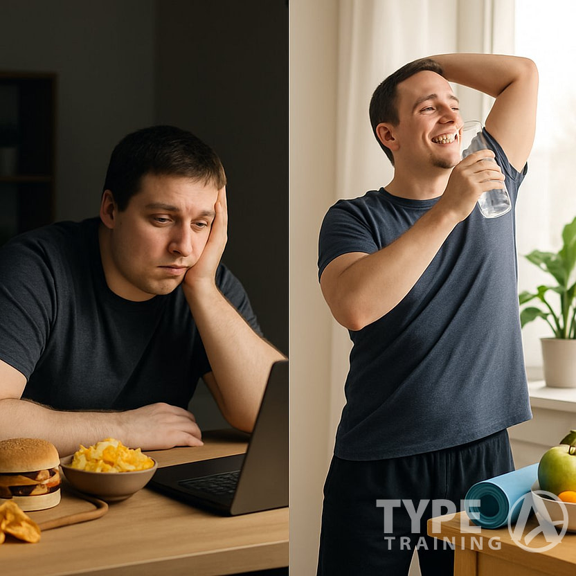 A person sitting slouched at a desk looking tired on one side, and the same person standing and stretching near a window with workout clothes and healthy items on the other side.