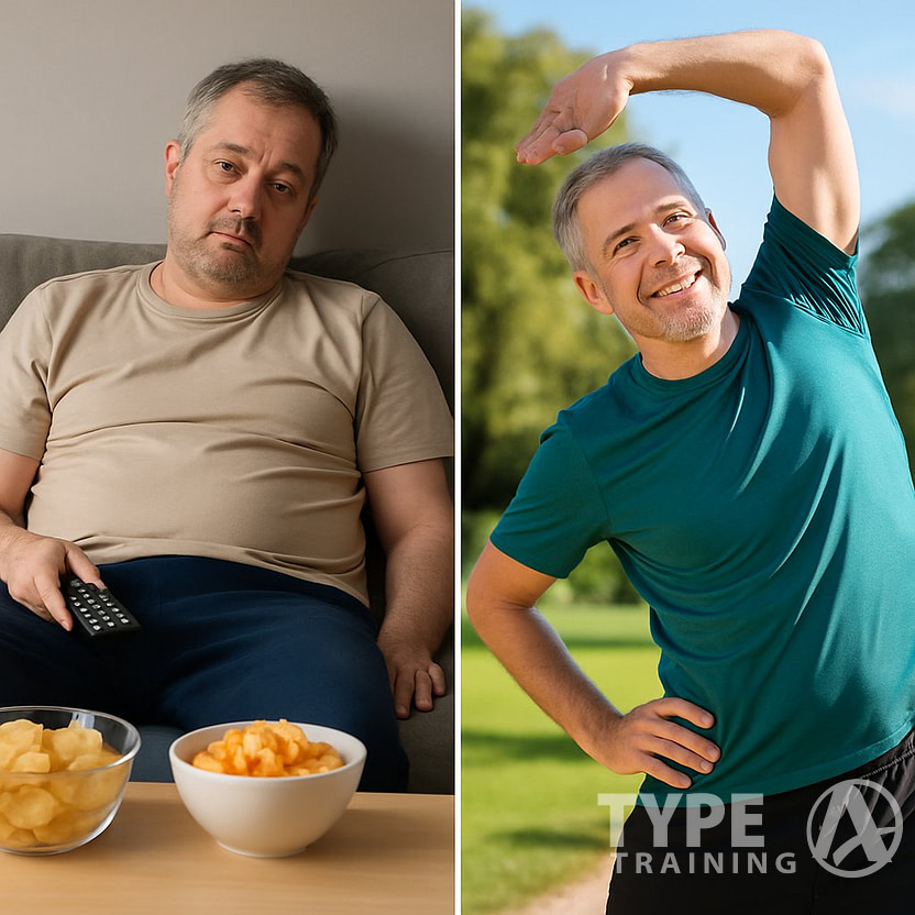 A person shown sitting on a couch looking tired and inactive on one side, and the same person stretching outdoors in activewear on the other side.