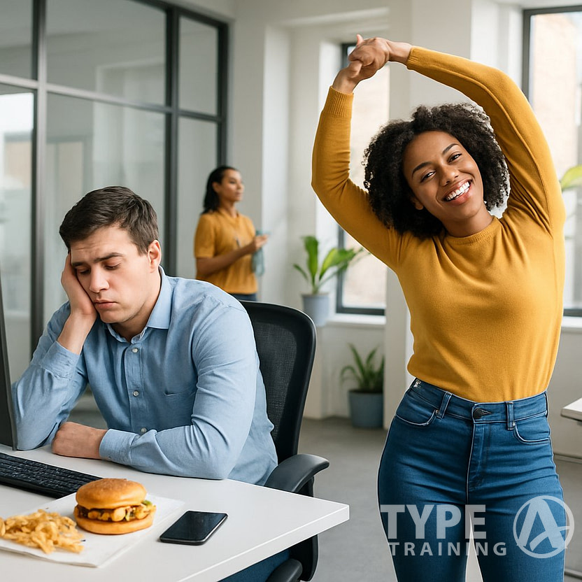 Office scene showing one person sitting with poor posture and unhealthy habits, while others stand, stretch, and walk to promote activity and health.