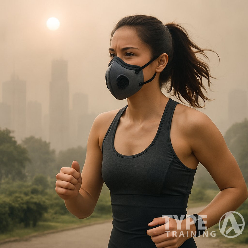 A woman jogging outdoors in a city park with visible air pollution and wearing a face mask.