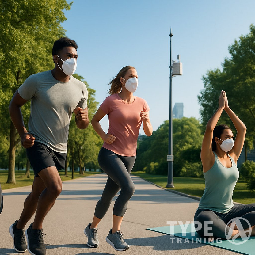 People exercising outdoors in a city park with clear skies, some wearing pollution masks, surrounded by trees and clean pathways.