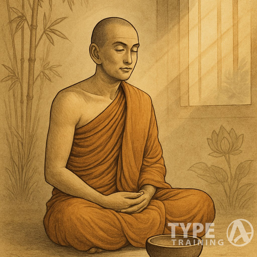 A peaceful monk sitting cross-legged with an empty bowl in front of him, surrounded by natural elements in a calm indoor setting.