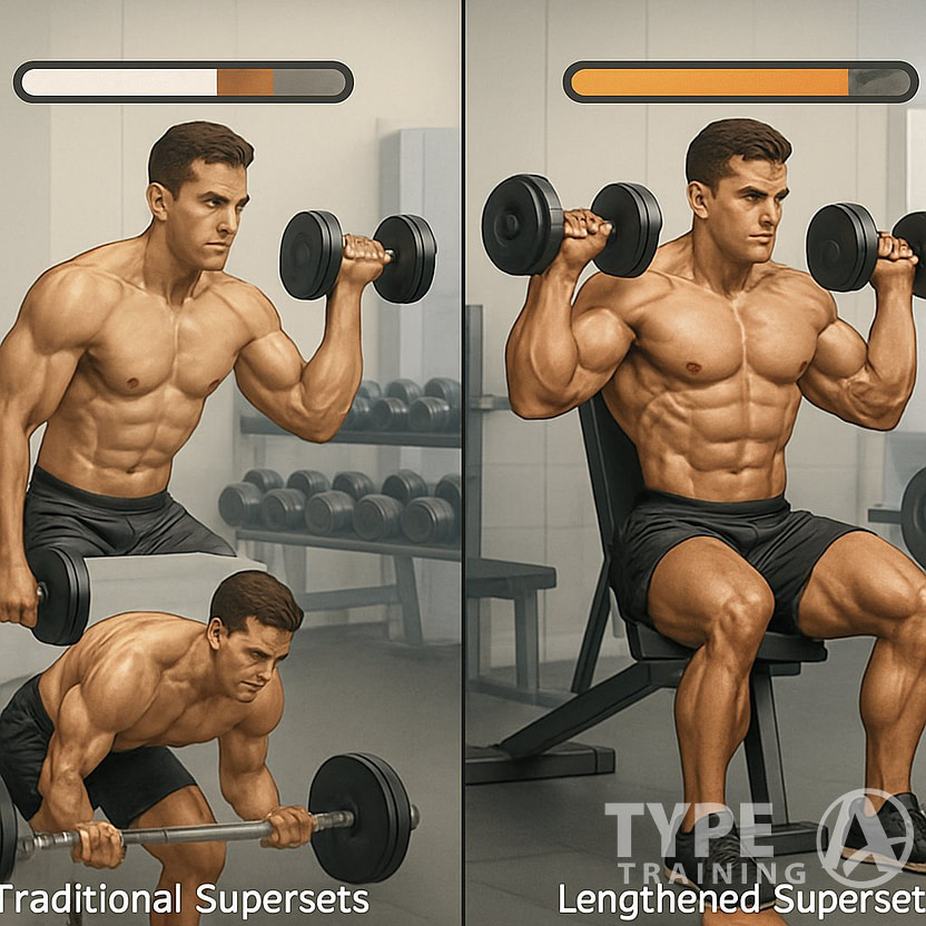 An athlete performing traditional supersets on one side and lengthened supersets on the other, showing greater muscle size and control during the lengthened supersets in a gym setting.