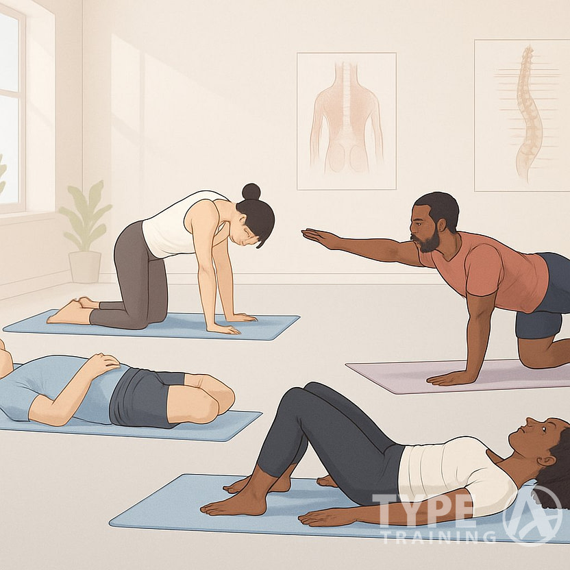 A group of people performing various exercises for lower back pain in a fitness studio with anatomical charts of the lower back in the background.