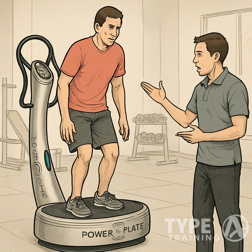 A person standing incorrectly on a Power Plate machine in a gym while a trainer points out the mistakes.