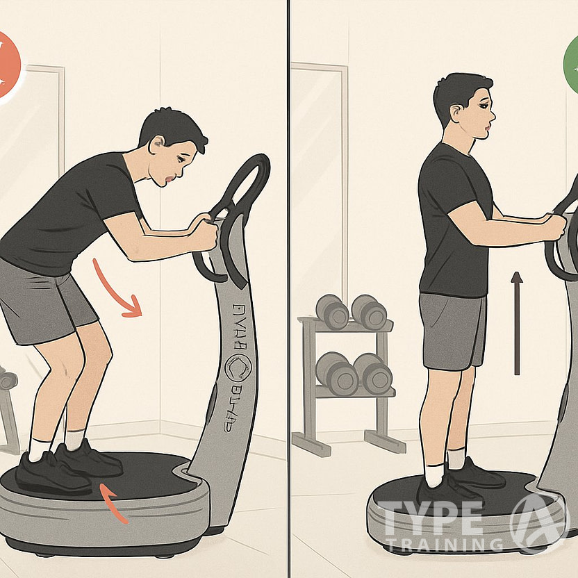 Side-by-side illustration showing a person using a Power Plate machine incorrectly on one side and correctly on the other, highlighting posture and positioning differences.