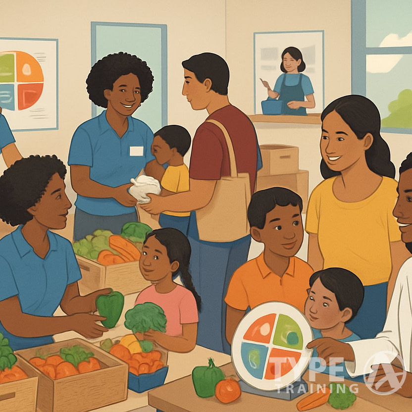 People receiving fresh food and nutrition advice from community workers at a food distribution center.