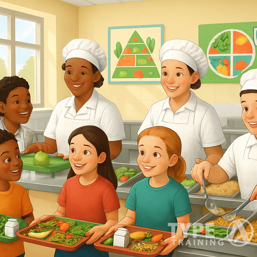 Children receiving healthy meals from cafeteria staff in a school cafeteria with nutrition posters on the walls.