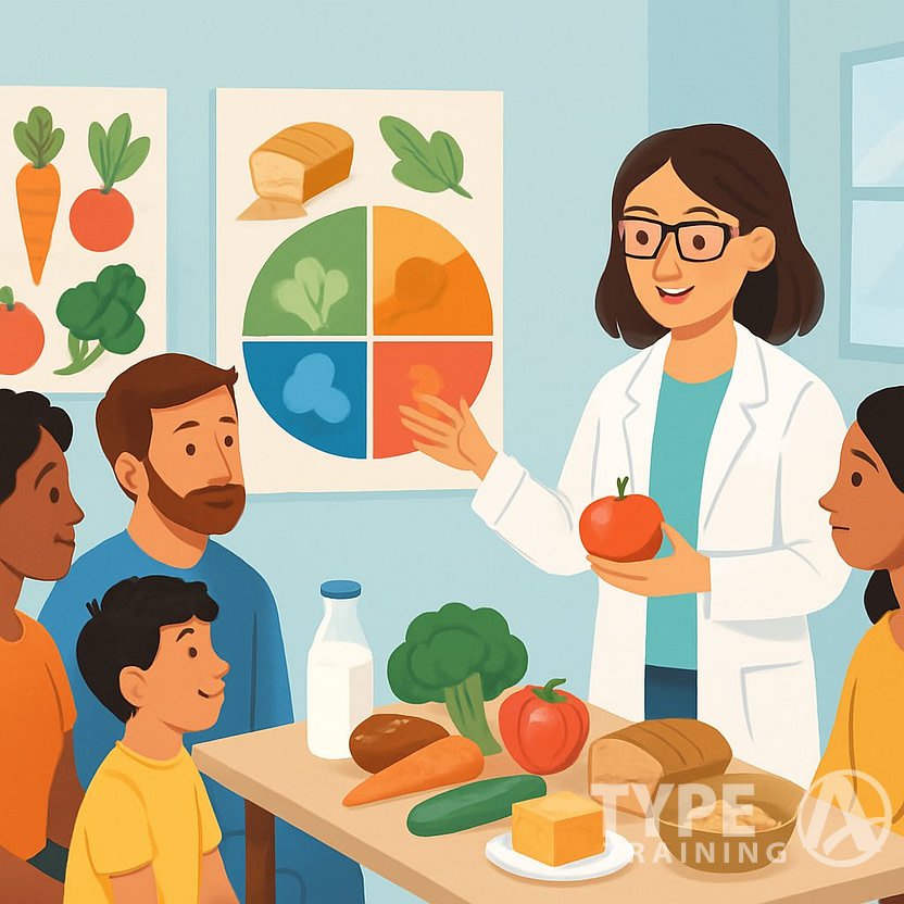 A nutritionist teaching a diverse group of people about healthy eating using food models and charts in a bright classroom setting.