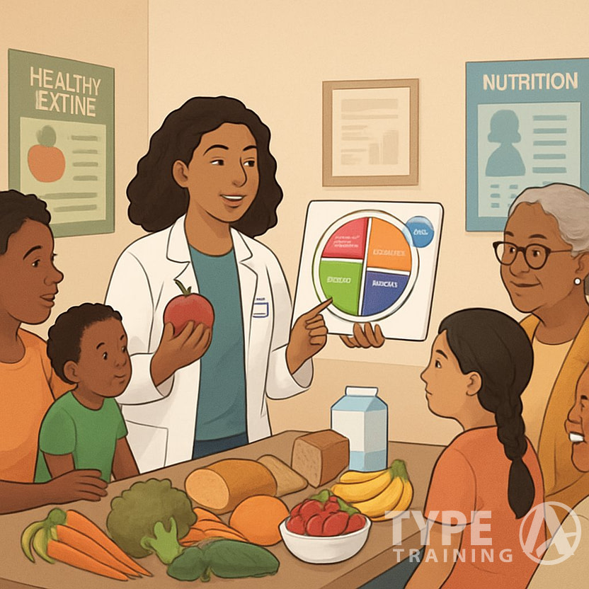 A nutritionist interacting with community members around a table with healthy foods in a community center.