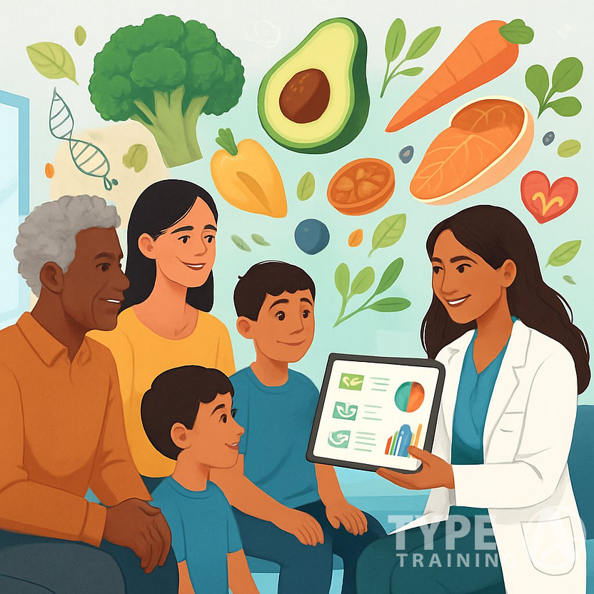 A nutritionist consulting with a diverse group of people, showing a digital tablet with a customized meal plan, surrounded by healthy foods and health-related icons.