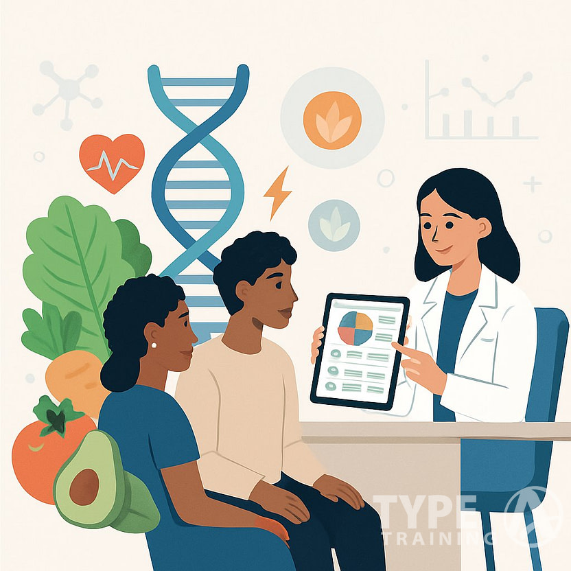 A nutritionist consulting with diverse clients, showing personalized meal plans and health benefits through visual symbols of fruits, DNA strands, and wellness icons.