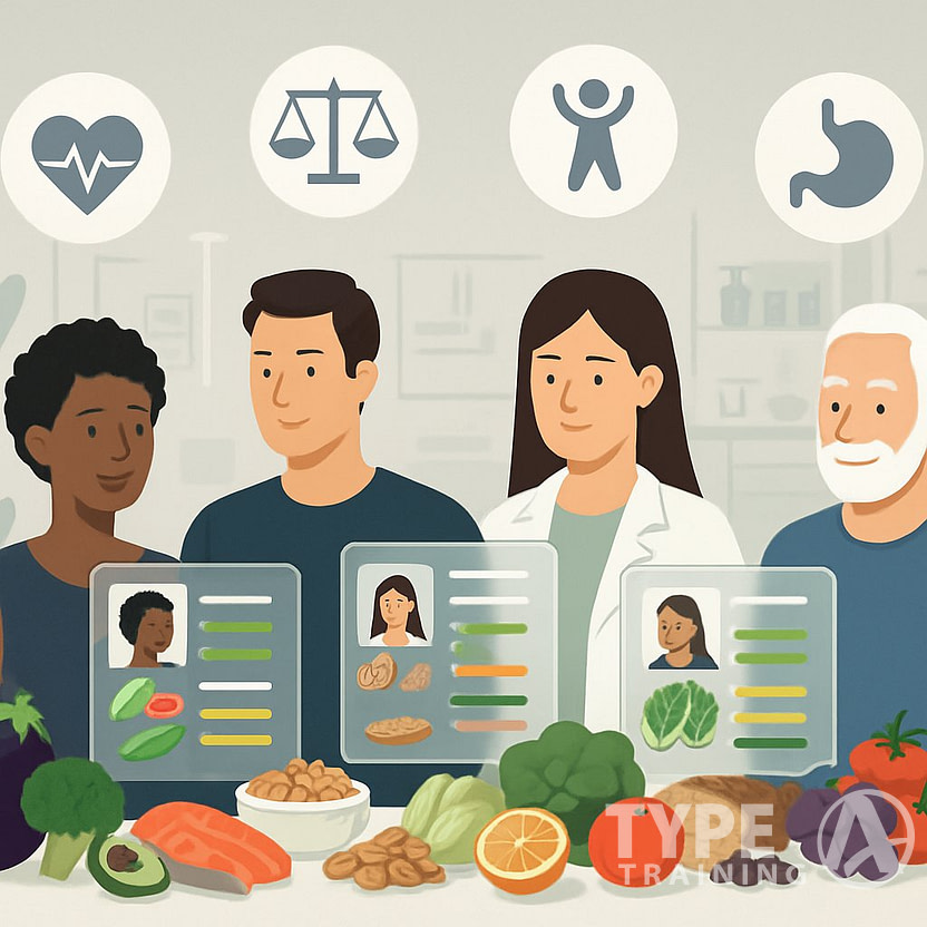 A group of diverse people viewing personalized digital health profiles with healthy foods and health benefit icons around them in a wellness clinic setting.