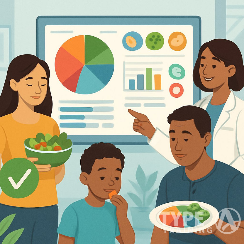 People receiving personalized dietary advice from a nutritionist using a digital interface showing food charts and customized meal plans.