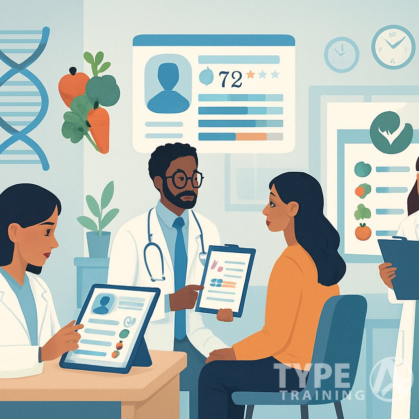 A group of healthcare and nutrition professionals working together with a patient in a clinic, using digital tools and charts to create personalized nutrition plans.