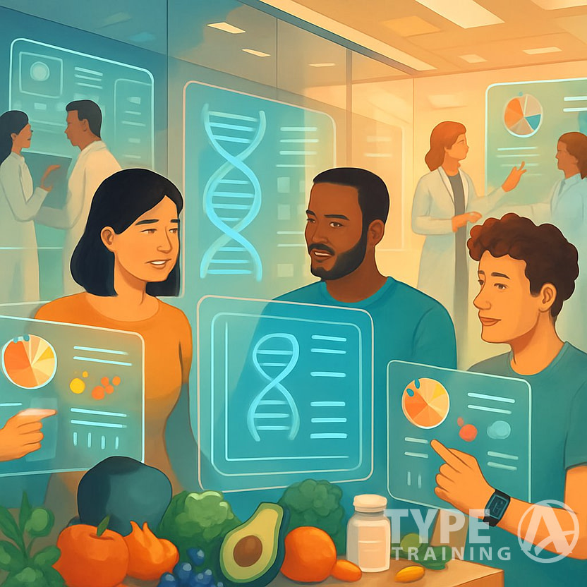 A group of people and scientists interacting with digital screens showing nutritional data, surrounded by healthy foods and wearable health devices in a bright, modern lab setting.