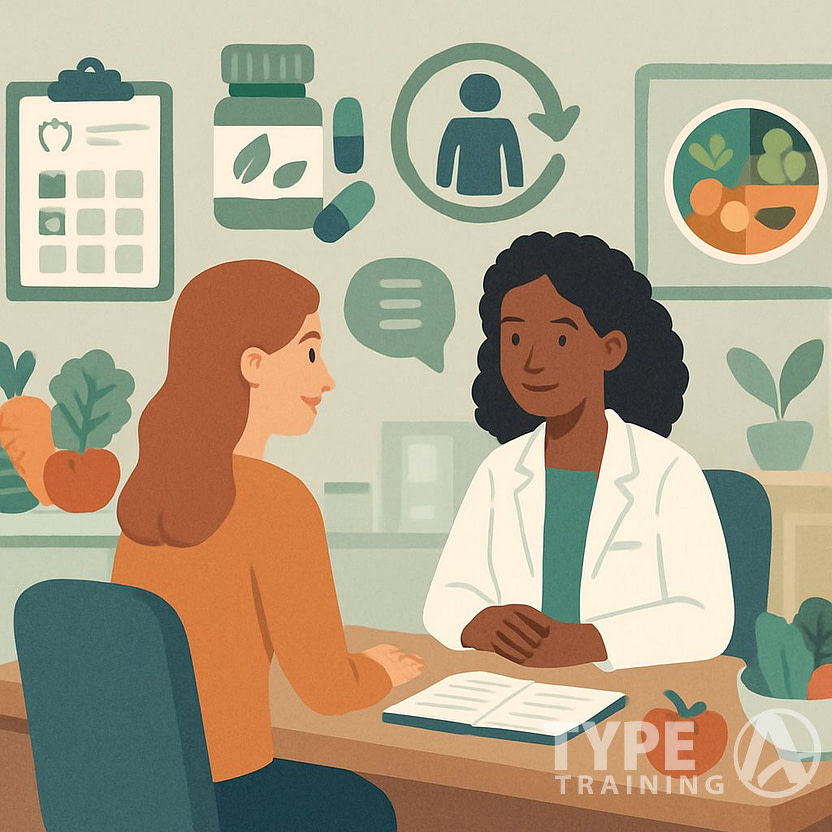 A nutritionist consulting with a client in an office surrounded by images representing meal planning, supplements, weight management, counseling, and healthy eating.