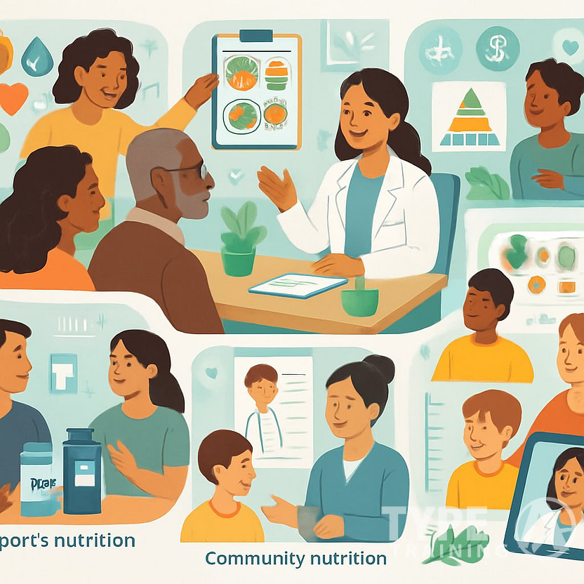 A nutritionist consulting with diverse clients surrounded by visual scenes representing meal planning, sports nutrition, community workshops, pediatric nutrition, and telehealth services.