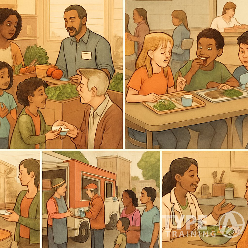 Various scenes showing families receiving fresh food, children eating healthy meals at school, a nutritionist advising an elderly person, a farmer's market with voucher exchange, a food truck distributing meals, and a group attending a cooking class.