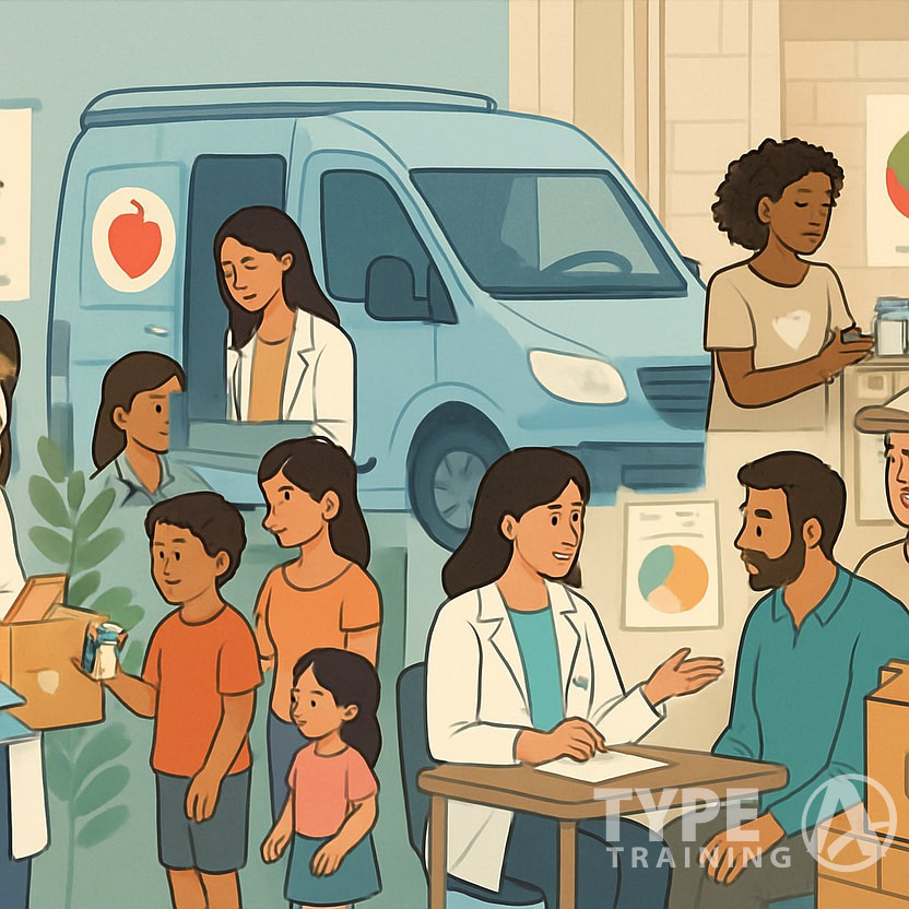 People receiving nutrition support in various community and emergency settings, including food distribution, counseling, and organizing supplies.